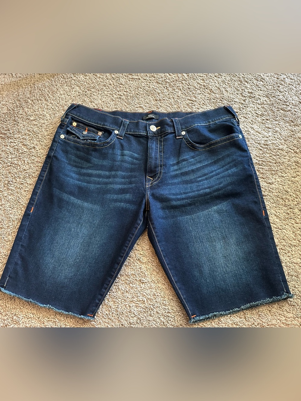 True Religion Ricky Men's Denim Shorts Cut Off Size 40 Dark Wash Flap Pocket